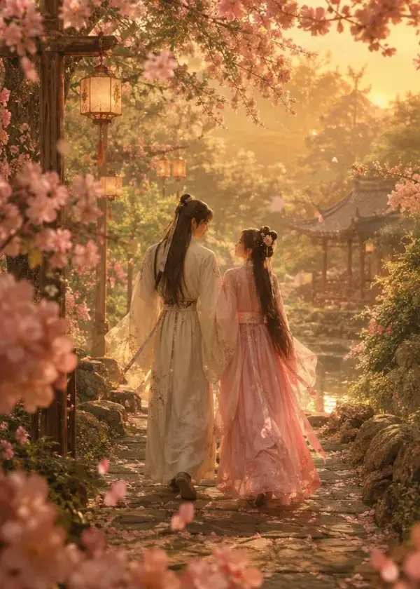 短剧《花朝记：与君共赴一场春》海报封面，古装、甜宠题材